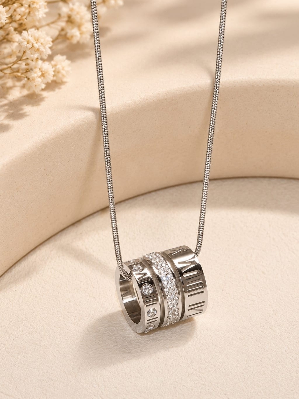 Silver Roman Numeral & Crystal Ring Pendant Necklace